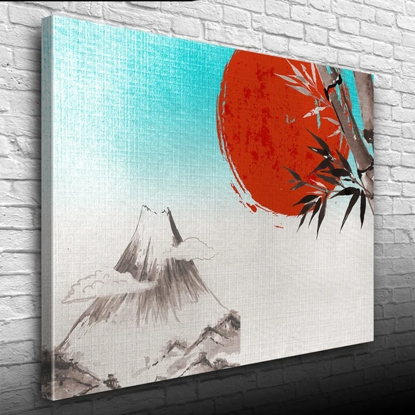 Japon Bayrağı ve Karlı Dağlar Yağlıboya Kanvas Tablo 50 x 70 - Resim 3