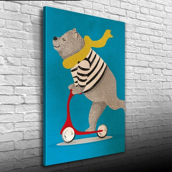 Scooter Süren Sevimli Ayı Kanvas Tablo 50 x 70 - Resim 3