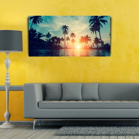 Palmiyeler ve Nehir Günbatımı Kanvas Tablo 60 x 120 - Resim 3
