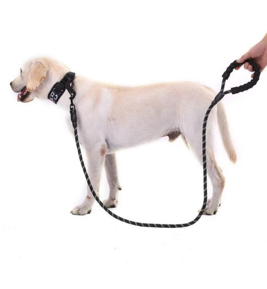 Köpekler İçin Gezdirme Tasması Reflektörlü 130 cm Halat Orta ve Büyük Boy Köpekler İçin Siyah - Resim 2