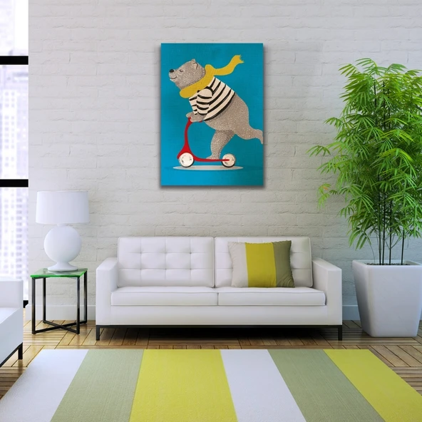 Scooter Süren Sevimli Ayı Kanvas Tablo 50 x 70 - Resim 2