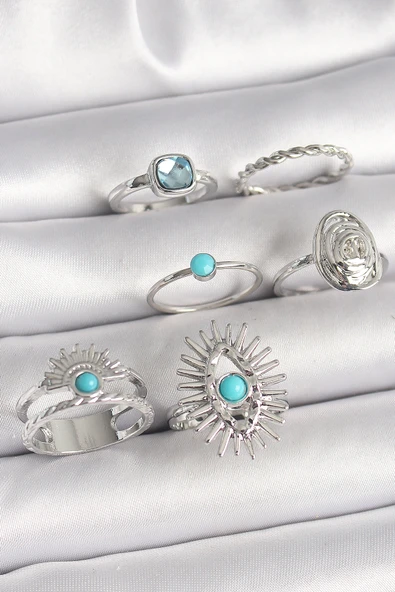 Pirinç Gümüş Renk Mavi Taşlı Kare Zirkon Taş Detaylı Kadın Yüzük Kombini - TJ-BYK3659 ürün görseli