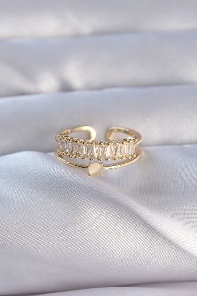 Pirinç Gold Renk Zirkon Taşlı Baget Su Yolu Model Ayarlanabilir Yüzük - TJ-BYK3229 - Resim 2