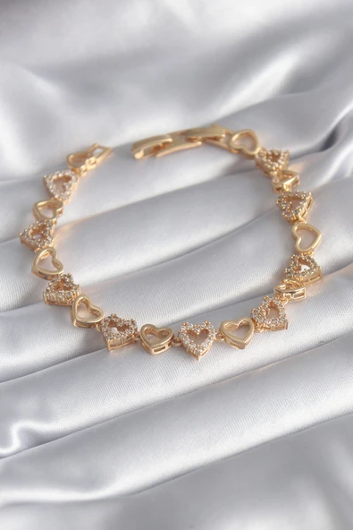 316L Çelik Gold Renk Zirkon Taşlı Kalp Model VIP Seri Kadın Bileklik - TJ-BB5847 ürün görseli
