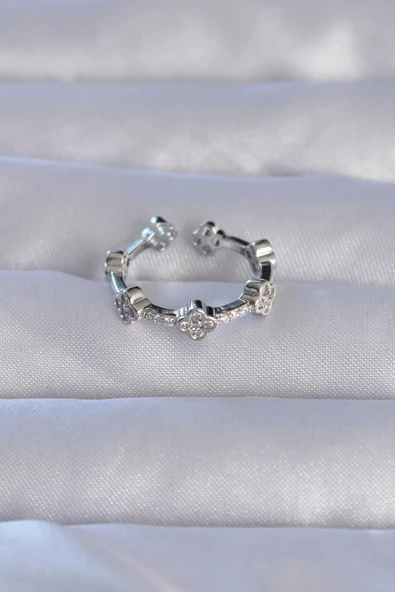 Pirinç Gümüş Renk Zirkon Taşlı Yonca Model Ayarlanabilir Yüzük - TJ-BYK3212 - Resim 2