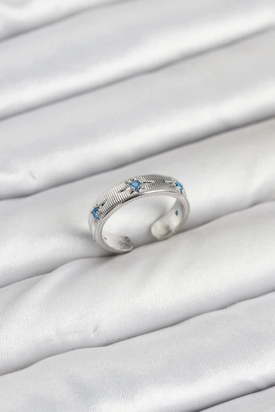 Pirinç Gümüş Renk Mavi Zirkon Taşlı Kutup Yıldızı Model Kadın Yüzük - TJ-BYK3897 ürün görseli