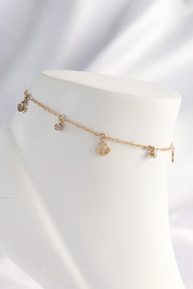 316L Çelik Gold Renk Zirkon Taşlı Minimal Çapa Tasarımlı Halhal - TJ-HH1605 ürün görseli