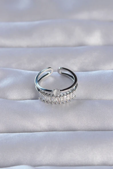 Pirinç Gümüş Renk Zirkon Taşlı Baget Su Yolu Model Ayarlanabilir Yüzük - TJ-BYK3228 - Resim 2