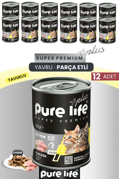 Plus 12'li Tavuklu Yavru Puppy Kedi Konserve Chunk Parça Etli Yaş Mama 400 Gr ürün görseli 1