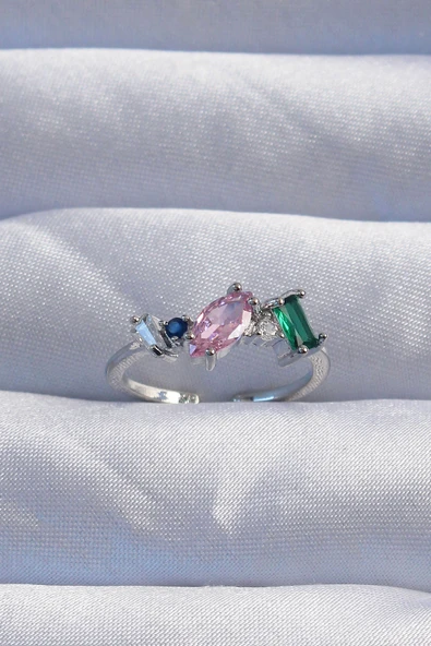 Pirinç Gümüş Renk Renkli Zirkon Taşlı Ayarlanabilir Yüzük - TJ-BYK3238 ürün görseli