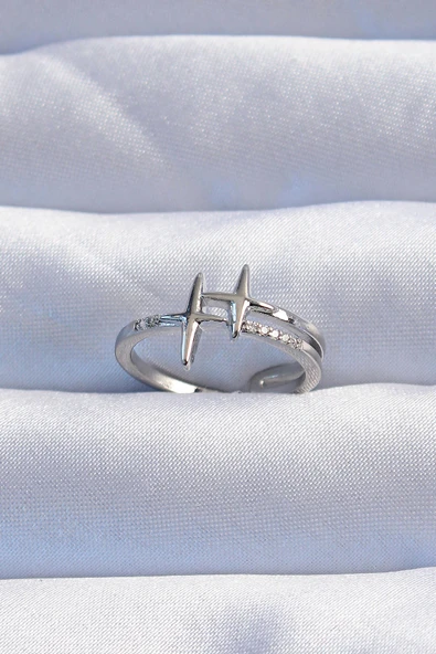 Pirinç Gümüş Renk Zirkon Taşlı 2li Görünüm Ayarlanabilir Yıldız Model Yüzük - TJ-BYK3244 ürün görseli