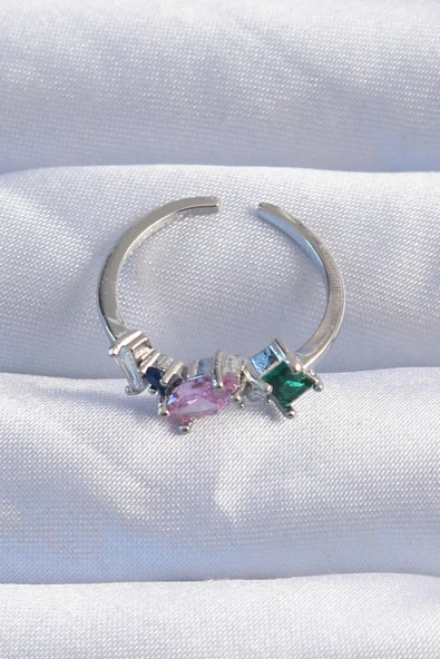 Pirinç Gümüş Renk Renkli Zirkon Taşlı Ayarlanabilir Yüzük - TJ-BYK3238 - Resim 2