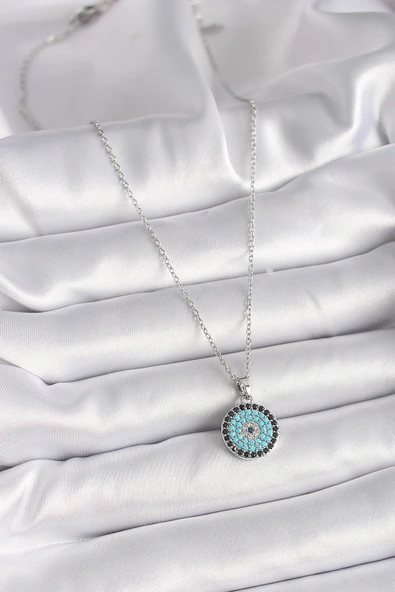 316L Çelik Gümüş Renk Zincir Nazar Boncuk Madalyon Model Kadın Kolye - TJ-BKO9485 - Resim 2