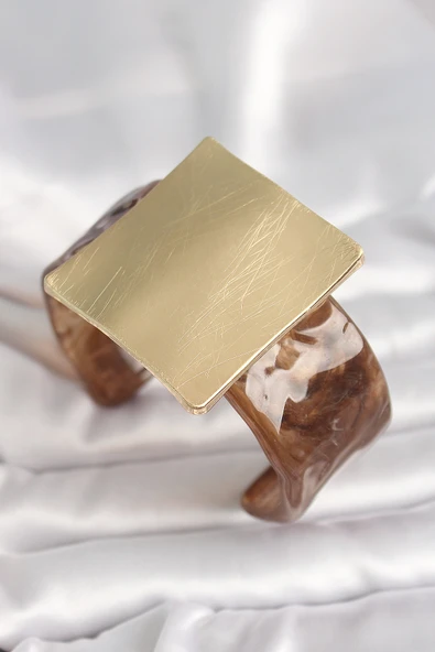 Kahverengi Mermer Desen Akrilik Plastik Gold Kare Plaka Model Vintage Kadın Bilezik - TJ-BB6682 ürün görseli