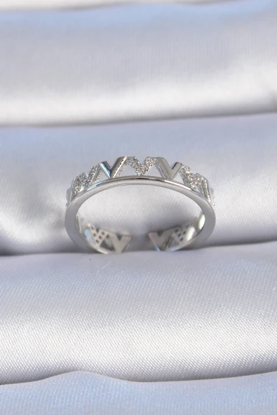 Pirinç Gümüş Renk "V" Model Zirkon Taşlı Kadın Yüzük - TJ-BYK3301 ürün görseli