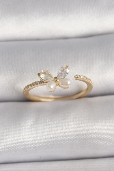 Pirinç Gold Renk Zirkon Taşlı Kelebek Mode İnci Detay Ayarlanabilir Yüzük - TJ-BYK3557 ürün görseli