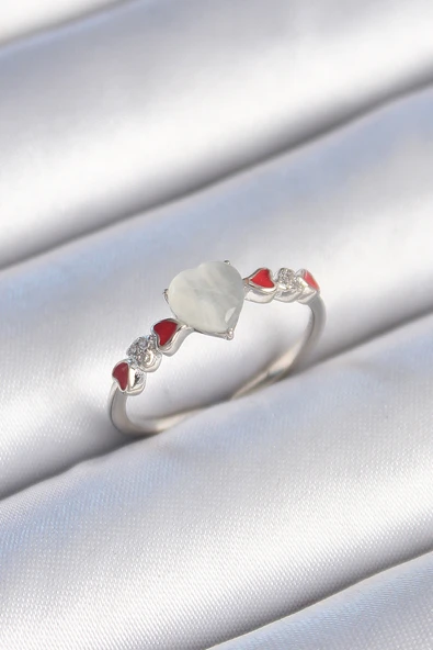 Pirinç Gümüş Renk Beyaz Mineli Kalp Model Zirkon Taş Detaylı Kadın Yüzük - TJ-BYK3459 ürün görseli