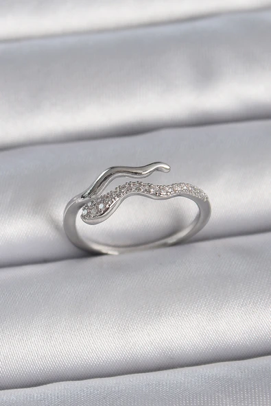 Pirinç Gümüş Renk Zirkon Taşlı Yılan Ayarlanabilir Model Kadın Yüzük - TJ-BYK3369 ürün görseli