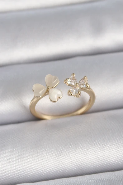 Pirinç Gold Renk Ayarlanabilir Zirkon Taşlı Kalp Beyaz Mineli Model Kadın Yüzük - TJ-BYK3388 ürün görseli