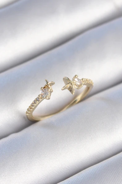 Pirinç Gold Renk Zirkon Taş Detay Yıldız Model Kadın Yüzük - TJ-BYK3446 ürün görseli