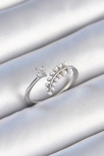 Pirinç Gümüş Renk Zirkon Taşlı İncili Yaprak Model Kadın Yüzük - TJ-BYK3453 ürün görseli