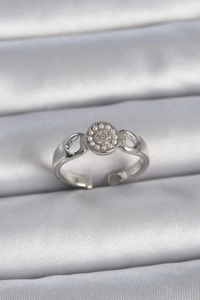 Pirinç Gümüş Renk Zirkon Taşlı İncili Kalp İşleme Detay Ayarlanabilir Model Kadın Yüzük - TJ-BYK3359 ürün görseli