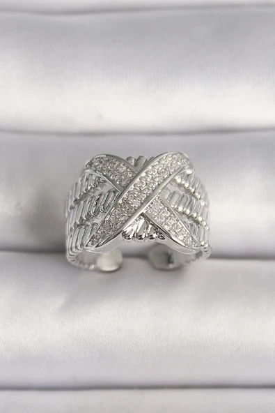 Pirinç Gümüş Renk Ayarlanabilir Zirkon Taşlı X Model Kadın Yüzük - TJ-BYK3582 ürün görseli