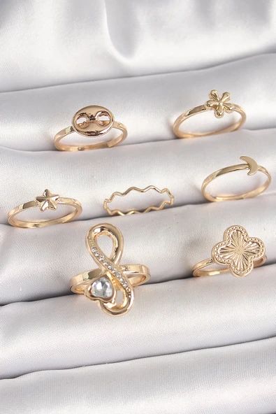 Pirinç Gold Renk Zirkon Taşlı Sonsuzluk Figür Yıldız Detay Kadın Yüzük Kombini - TJ-BYK3674 ürün görseli