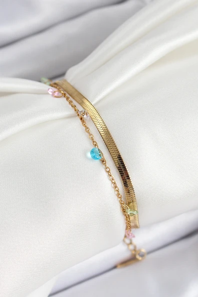 316L Çelik Gold Renk Karışık Renkli Kristal Taşlı 2'li Kadın Bileklik - TJ-BB7093 - Resim 2