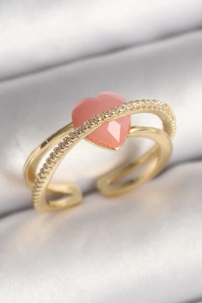 Pirinç Gold Renk Pembe Kristal Kalp Model Zirkon Taş Detaylı Kadın Yüzük - TJ-BYK3645 ürün görseli