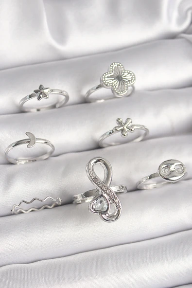 Pirinç Gümüş Renk Yonca Figür Sonsuzluk Zirkon Taşlı Kalp Detay Kadın Yüzük Kombini - TJ-BYK3650 ürün görseli