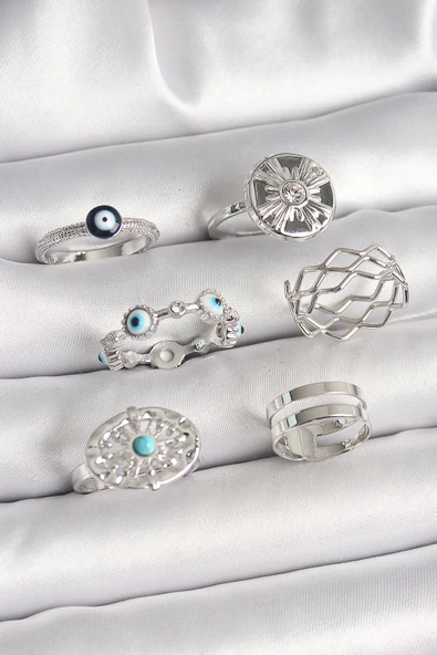 Pirinç Gümüş Renk Nazar Boncuk Zirkon Taş Detaylı Dalga Figür Kadın Yüzük Kombini - TJ-BYK3653 ürün görseli