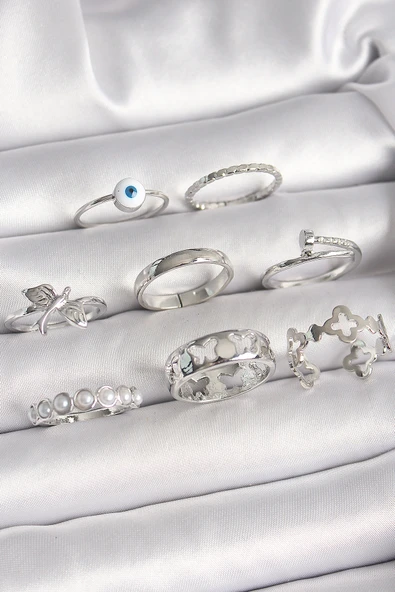 Pirinç Gümüş Renk Nazar Boncuk Detay İncili Kelebek İşlemeli Kadın Yüzük Kombini - TJ-BYK3649 ürün görseli