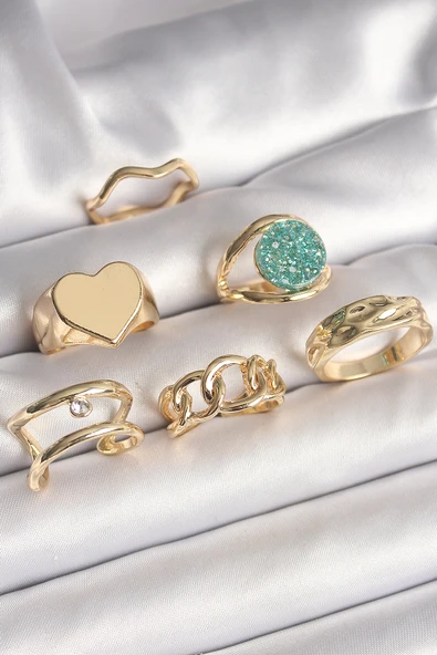 Pirinç Gold Renk Zirkon Taşlı Kalp Plaka Figür Mavi Simli Detay 6'Lı Kadın Yüzük Seti - TJ-BYK3637 ürün görseli