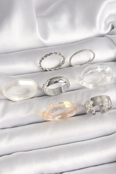 Pirinç Gümüş Renk Beyaz Akrilik Plastik Model Kutup Yıldız İşleme Detaylı Kadın Yüzük Kombini - TJ-BYK3655 ürün görseli