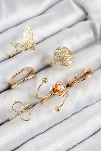 Pirinç Gül Kelebek Model Gümüş Renk Kadın Yüzük Kombin Set - TJ-BYK3811 ürün görseli