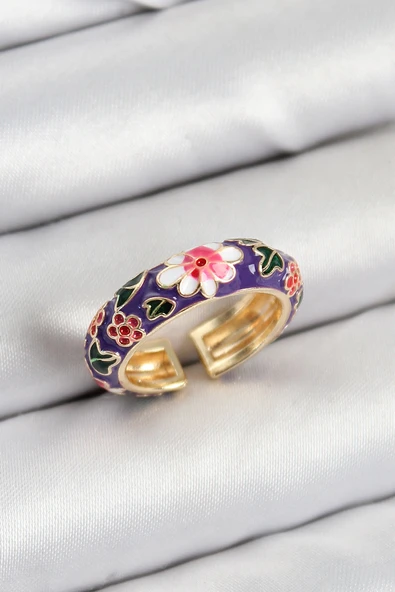 Pirinç Mor Mineli Çiçek Motifli Gold Renk Ayarlanabilir Kadın Yüzük - TJ-BYK3803 ürün görseli