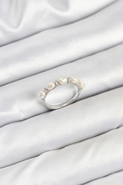 Pirinç Gümüş Renk Sıralı İncili Kadın Yüzük - TJ-BYK3845 ürün görseli