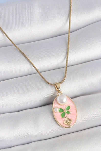 316L Çelik Gold Renk Zincir Pembe Mineli Oval İncili Çiçek İşlemeli Portre Model Kadın Kolye ürün görseli 1
