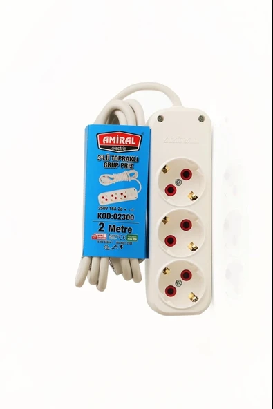Amiral 3' Lü Topraklı 2 Metre Kablolu Grup Priz ürün görseli 1