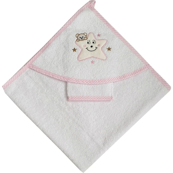 Yıldız Nakışlı Keseli Kız Bebek Havlu (74x74cm) - Resim 2
