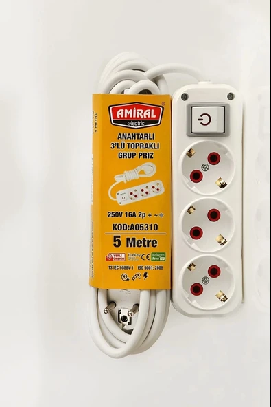 Amiral 3' Lü Topraklı Anahtarlı 5 Metre Kablolu Grup Priz ürün görseli 1