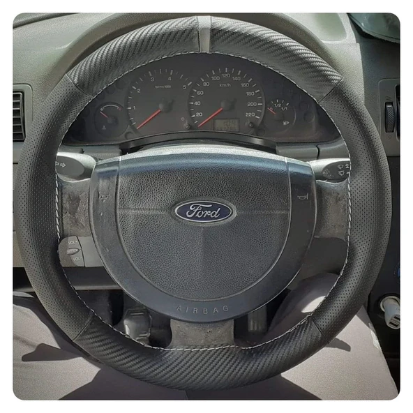 DİKİŞLİ DERİ DİREKSİYON KILIFI KARBON / NOKTA DERİ GRİ YÜZÜK GRİ DİKİŞ F.ORD CONNECT İÇİN ürün görseli