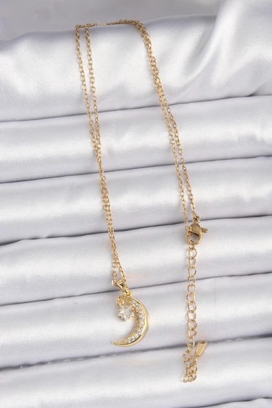 316L Çelik Zincir Altın Renk Zirkon Taşlı Sallantılı Ay Yıldız Kolye - Resim 2