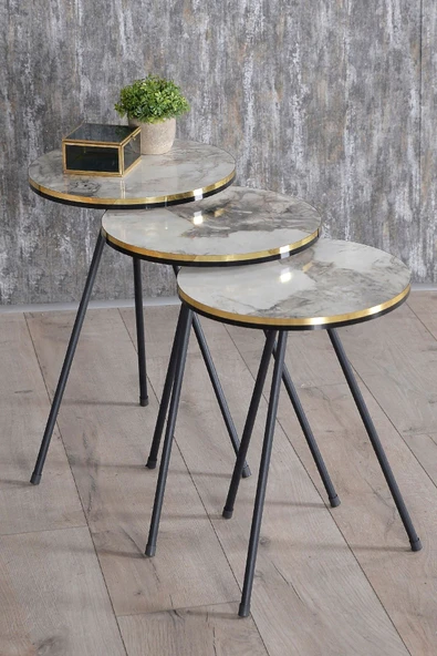 Zigon Sehpa Ve Orta Sehpa Elips Set Siyah Metal Ayak Çift Altın Efes - Resim 4