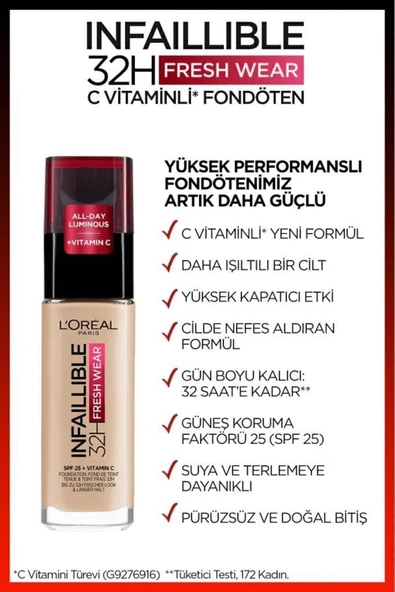 L'Oréal Paris Infaillible 32H Fresh Wear C Vitaminli Fondöten - 120 Golden Vanilla - Resim 2