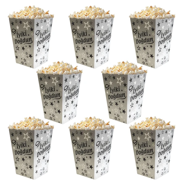 İyiki Doğdun Temalı Gümüş Siyah Yıldızlı Popcorn Mısır Kutusu 8 li Paket - Resim 2