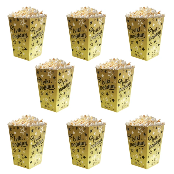 İyiki Doğdun Temalı Altın Siyah Yıldızlı Popcorn Mısır Kutusu 8 li Paket - Resim 2