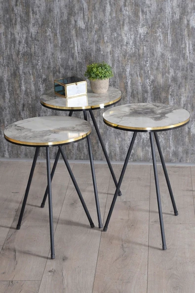 Zigon Sehpa Ve Orta Sehpa Elips Set Siyah Metal Ayak Çift Altın Efes - Resim 3