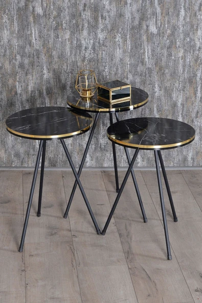 Zigon Sehpa Ve Orta Sehpa Elips Set Siyah Metal Ayak Çift Altın Bendir - Resim 3